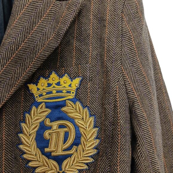 Skylar Rose Blazer Jacket Sz L Brown ICONIC Crown ROYAL PATCH Boxy Preppy Stripe - Picture 6 of 16